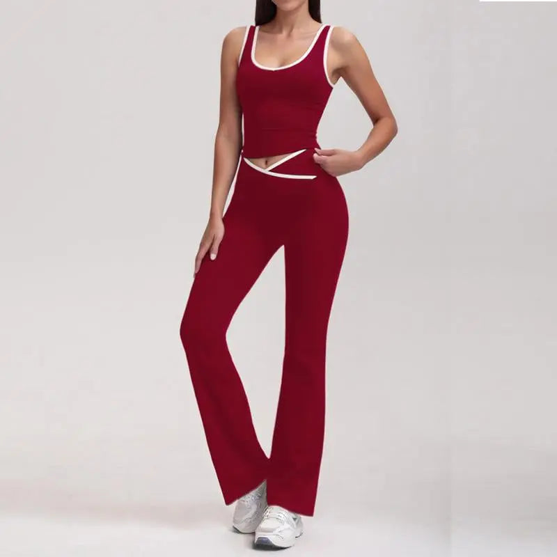 Summer Outfits 2Pcs Matching Clothing Set Sports Bra Bell Bottoms Tummy Control High Waisted Leggings Sets Crop Tops Stretchy Running Fitness