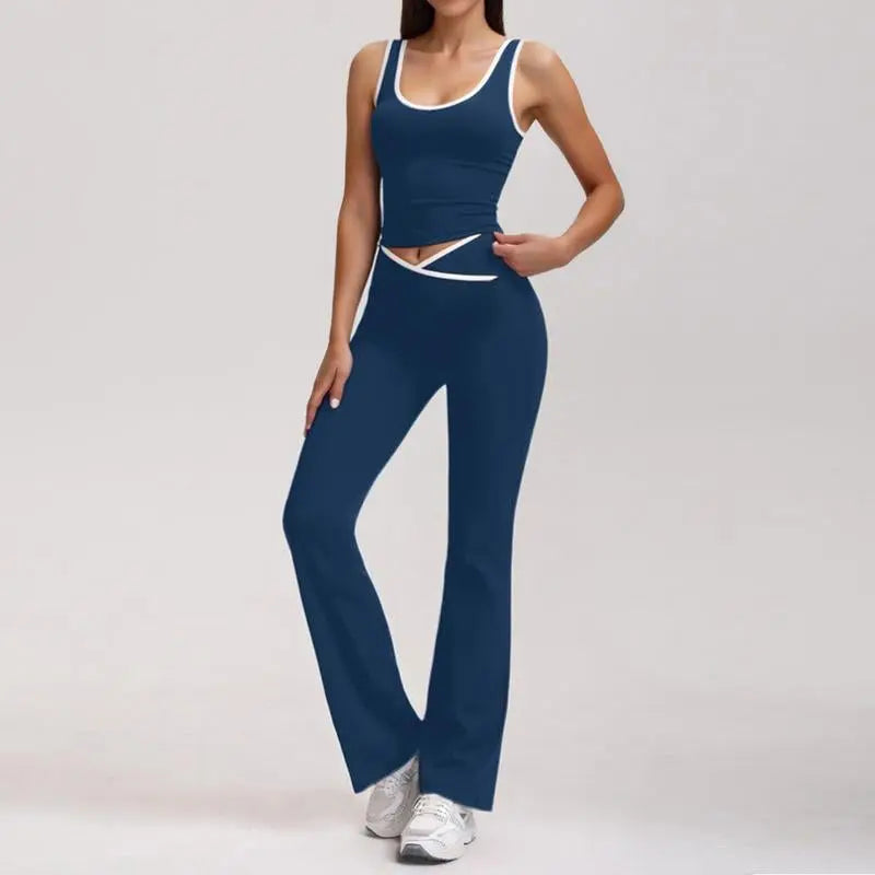 Summer Outfits 2Pcs Matching Clothing Set Sports Bra Bell Bottoms Tummy Control High Waisted Leggings Sets Crop Tops Stretchy Running Fitness