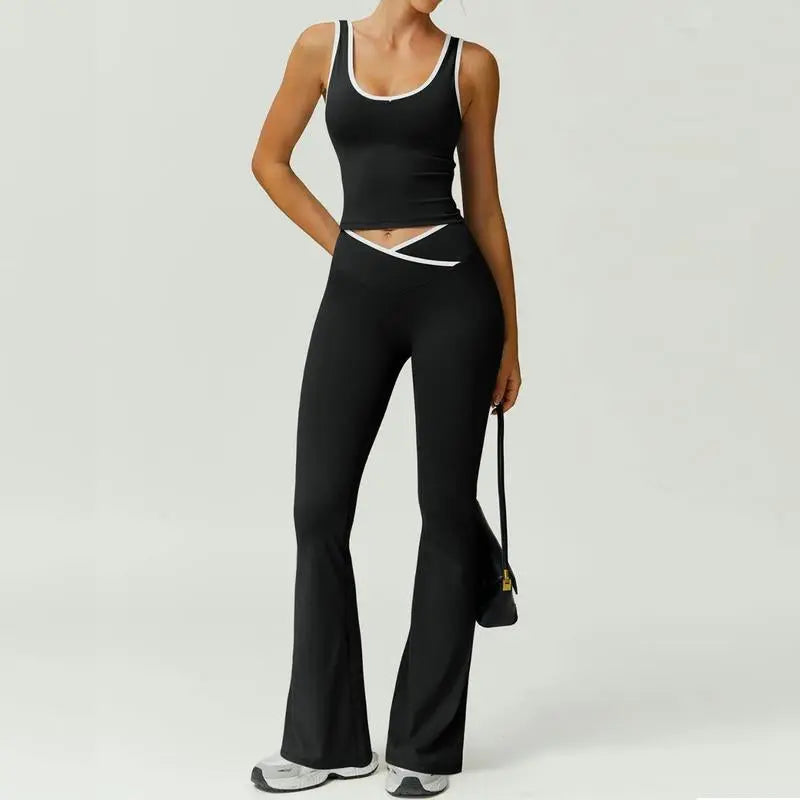 Summer Outfits 2Pcs Matching Clothing Set Sports Bra Bell Bottoms Tummy Control High Waisted Leggings Sets Crop Tops Stretchy Running Fitness