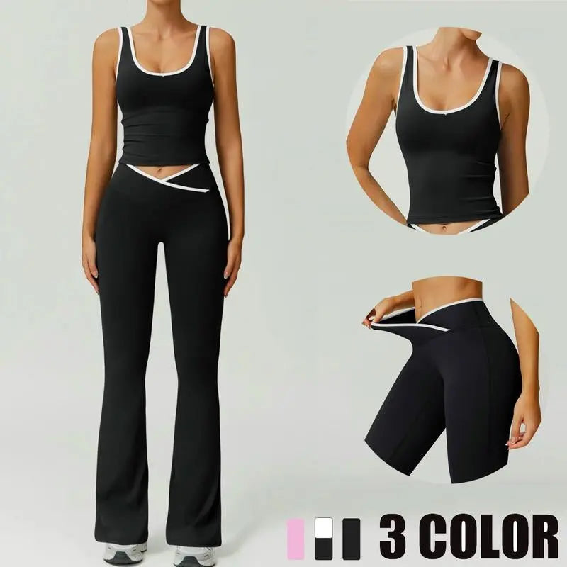 Summer Outfits 2Pcs Matching Clothing Set Sports Bra Bell Bottoms Tummy Control High Waisted Leggings Sets Crop Tops Stretchy Running Fitness