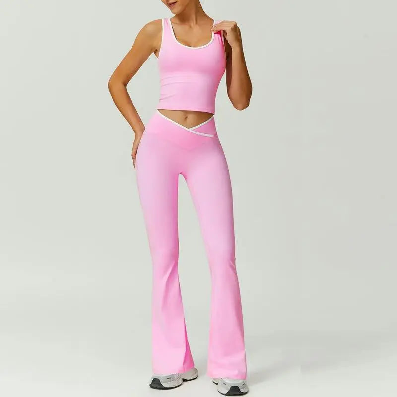 Summer Outfits 2Pcs Matching Clothing Set Sports Bra Bell Bottoms Tummy Control High Waisted Leggings Sets Crop Tops Stretchy Running Fitness